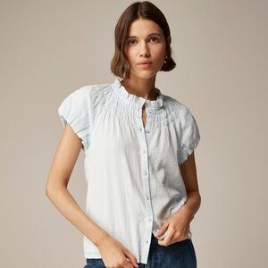 JCREW BLUE Smocked-neck top in textured gauze